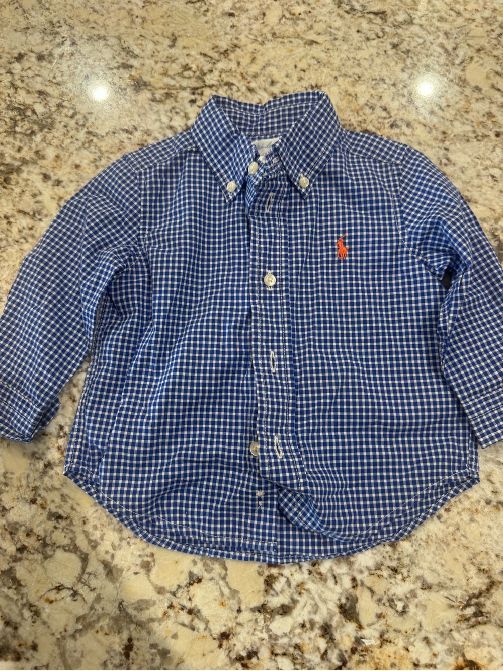 Ralph Lauren Blue Gingham Button-Down Shirt with Orange Pony